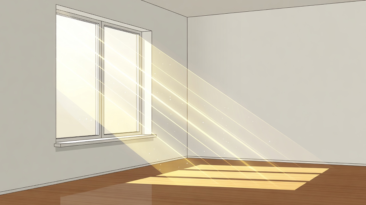 Vector graphic showing light rays entering a room through a window